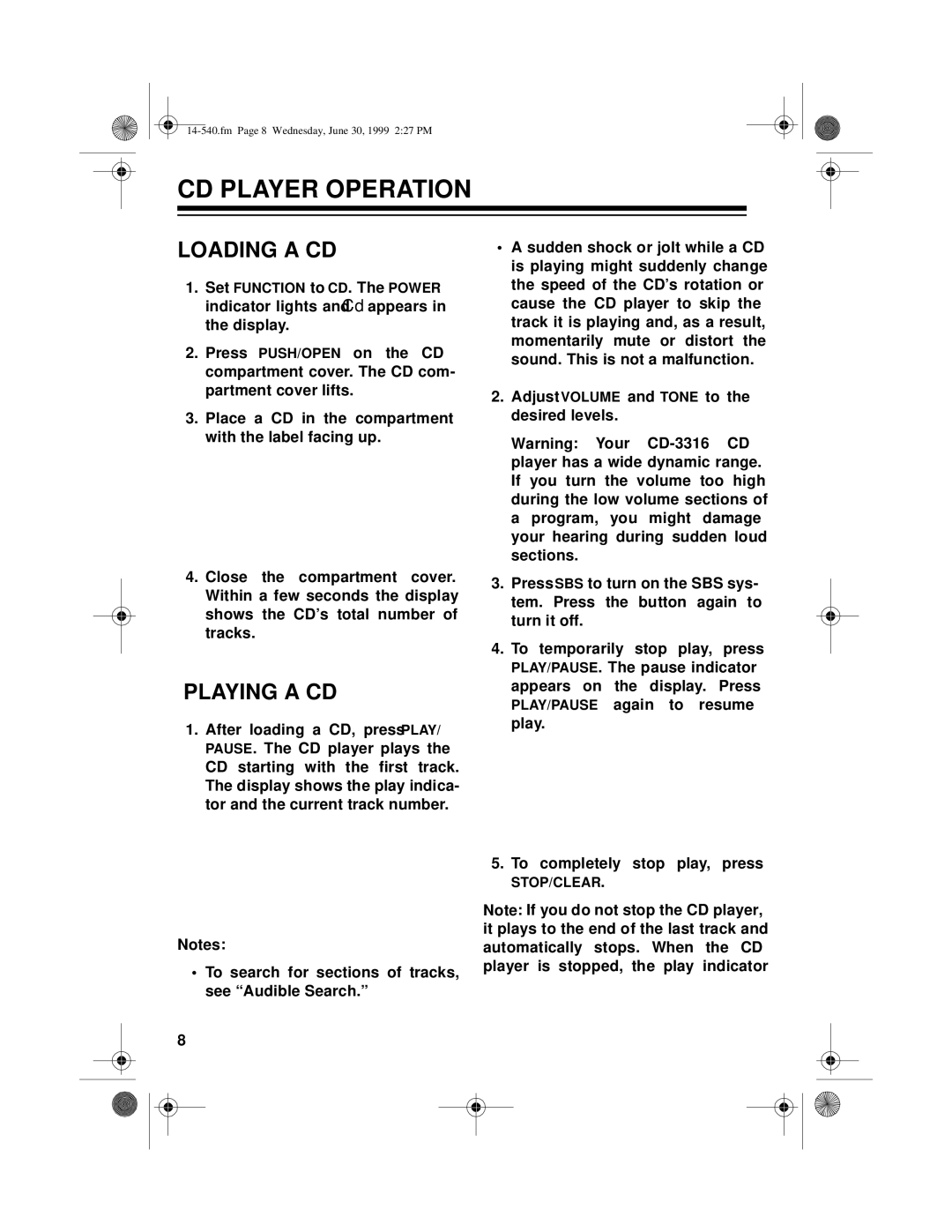 Radio Shack CD-3316 owner manual CD Player Operation, Loading a CD, Playing a CD 