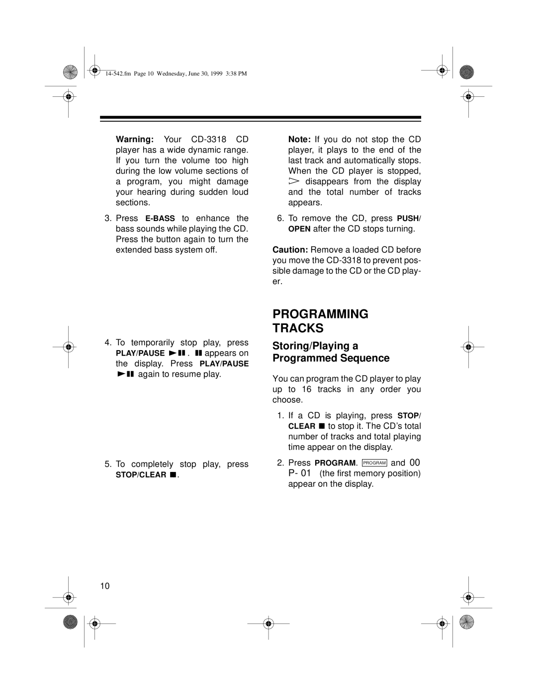 Radio Shack CD-3318 owner manual Programming Tracks, Storing/Playing a Programmed Sequence 