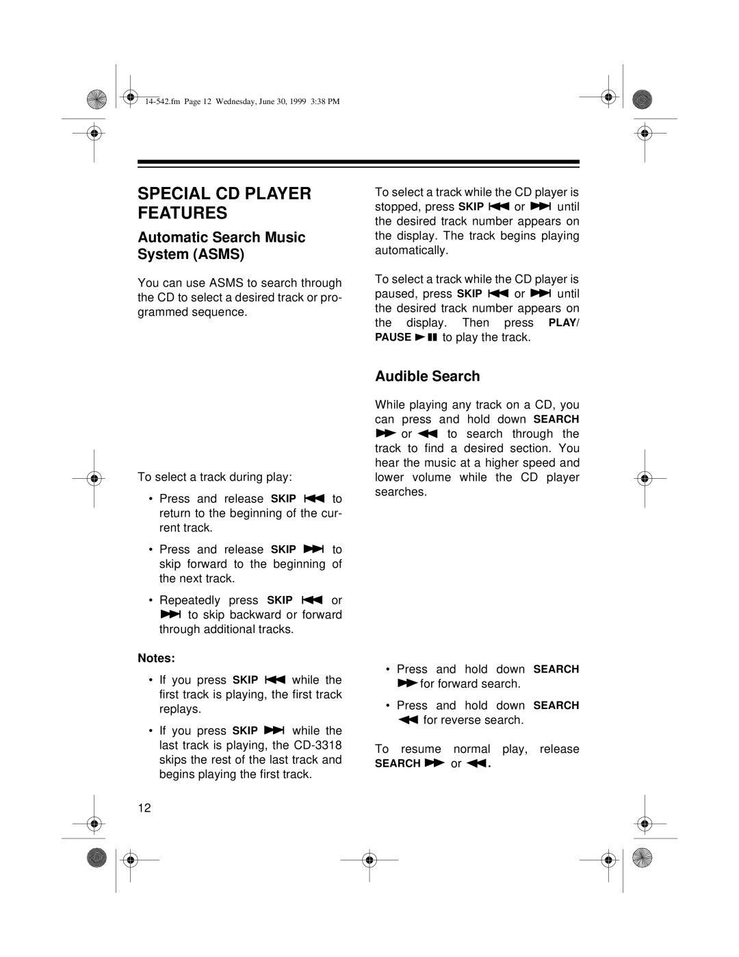 Radio Shack CD-3318 owner manual Special CD Player Features, Automatic Search Music System Asms, Audible Search 