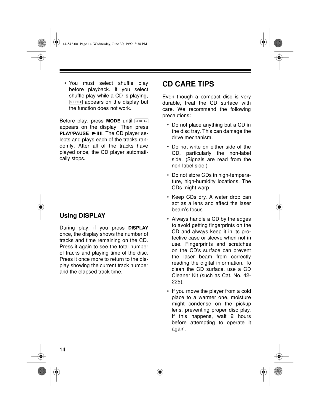 Radio Shack CD-3318 owner manual CD Care Tips, Using Display 