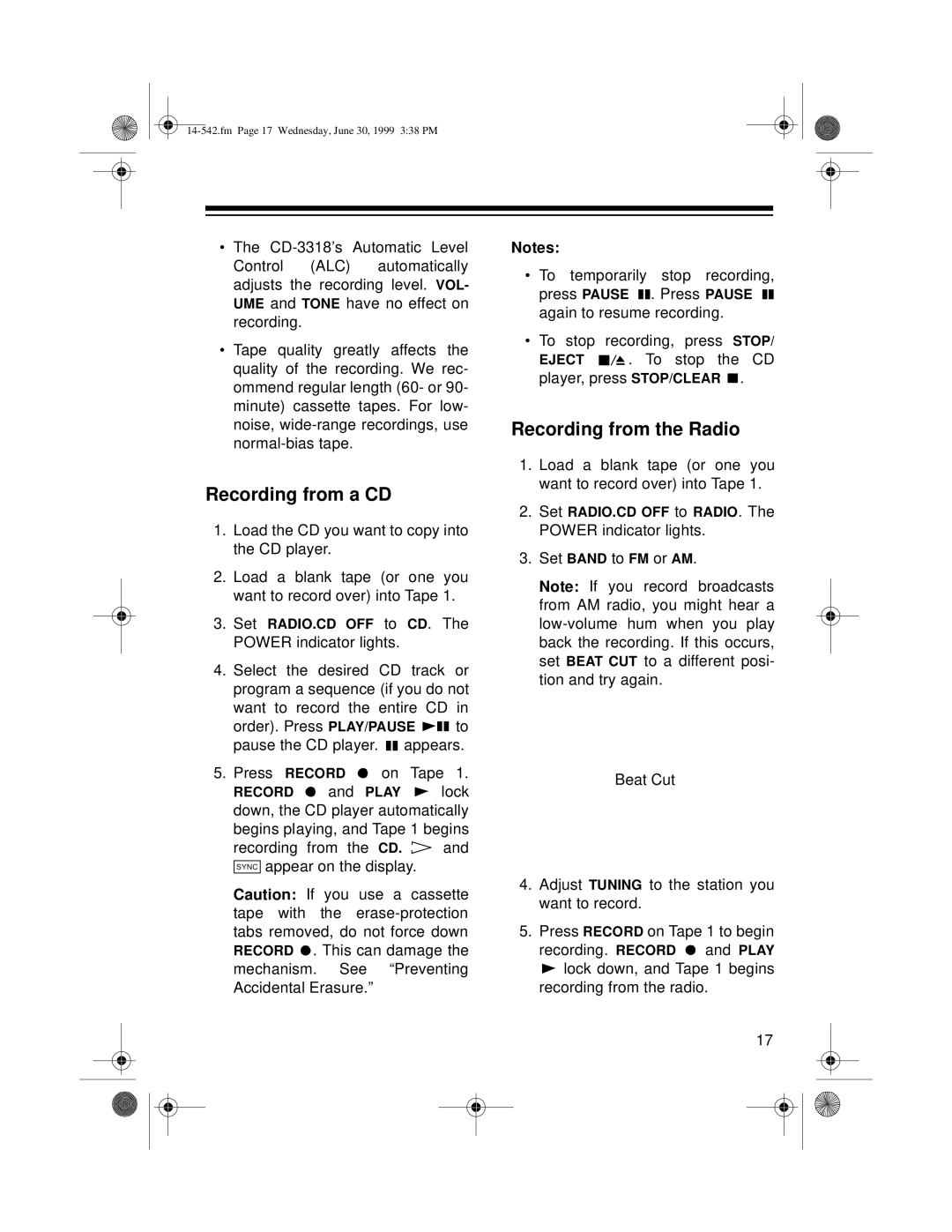 Radio Shack CD-3318 owner manual Recording from a CD, Recording from the Radio 