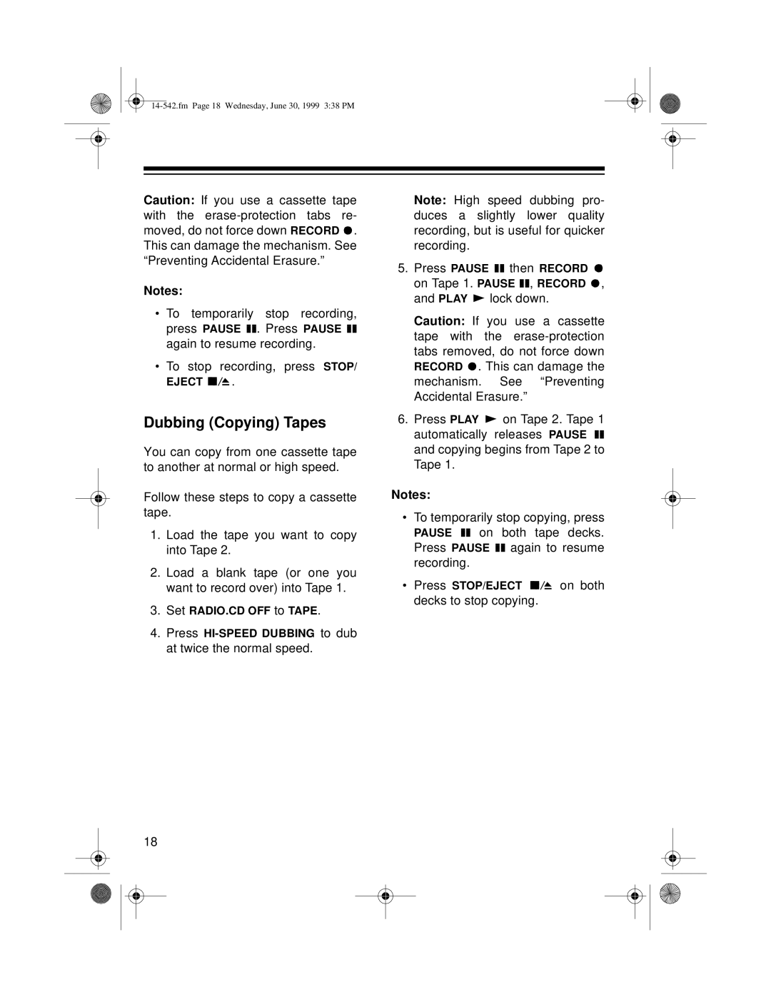 Radio Shack CD-3318 owner manual Dubbing Copying Tapes 