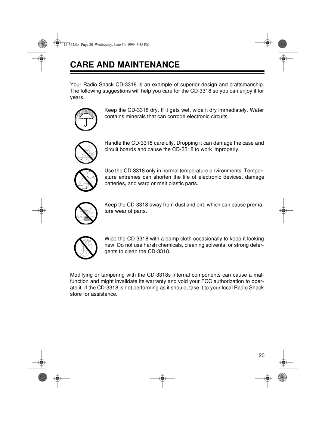 Radio Shack CD-3318 owner manual Care and Maintenance 