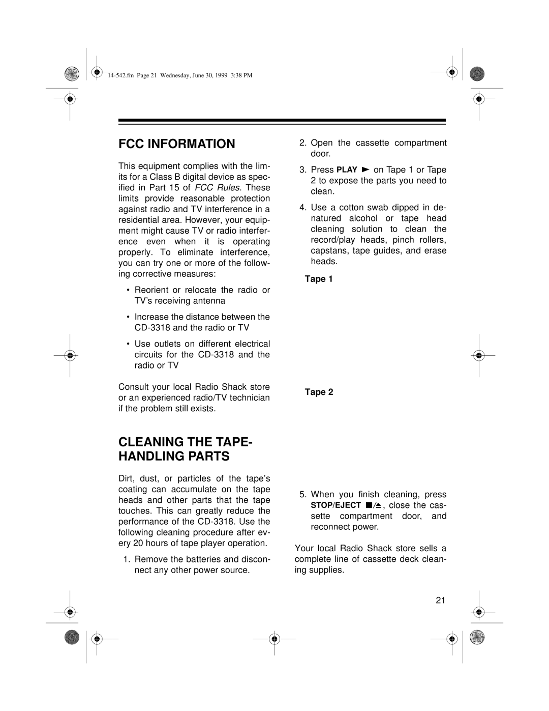 Radio Shack CD-3318 owner manual FCC Information, Cleaning the TAPE- Handling Parts 