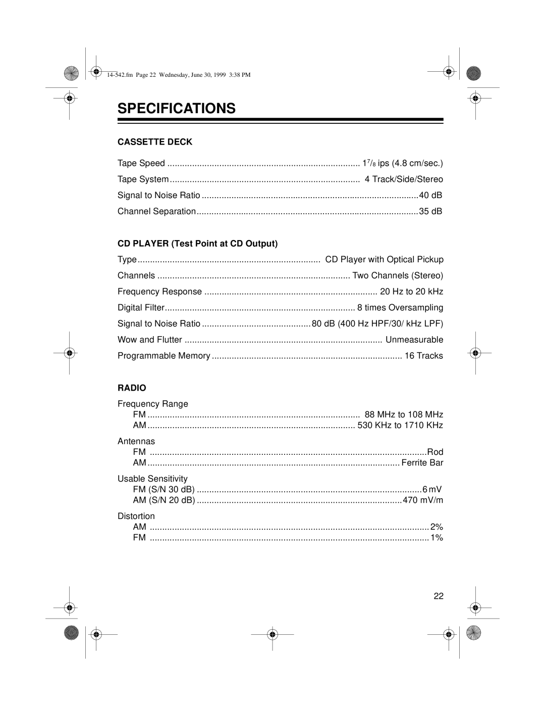 Radio Shack CD-3318 owner manual Specifications, Cassette Deck 