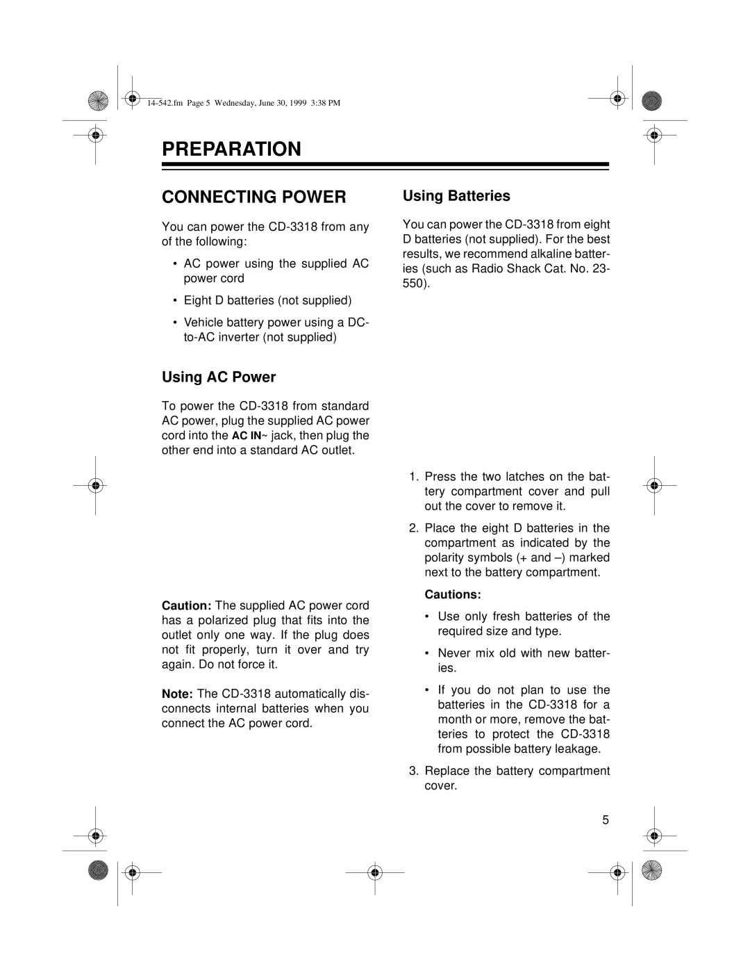 Radio Shack CD-3318 owner manual Preparation, Connecting Power, Using AC Power, Using Batteries 