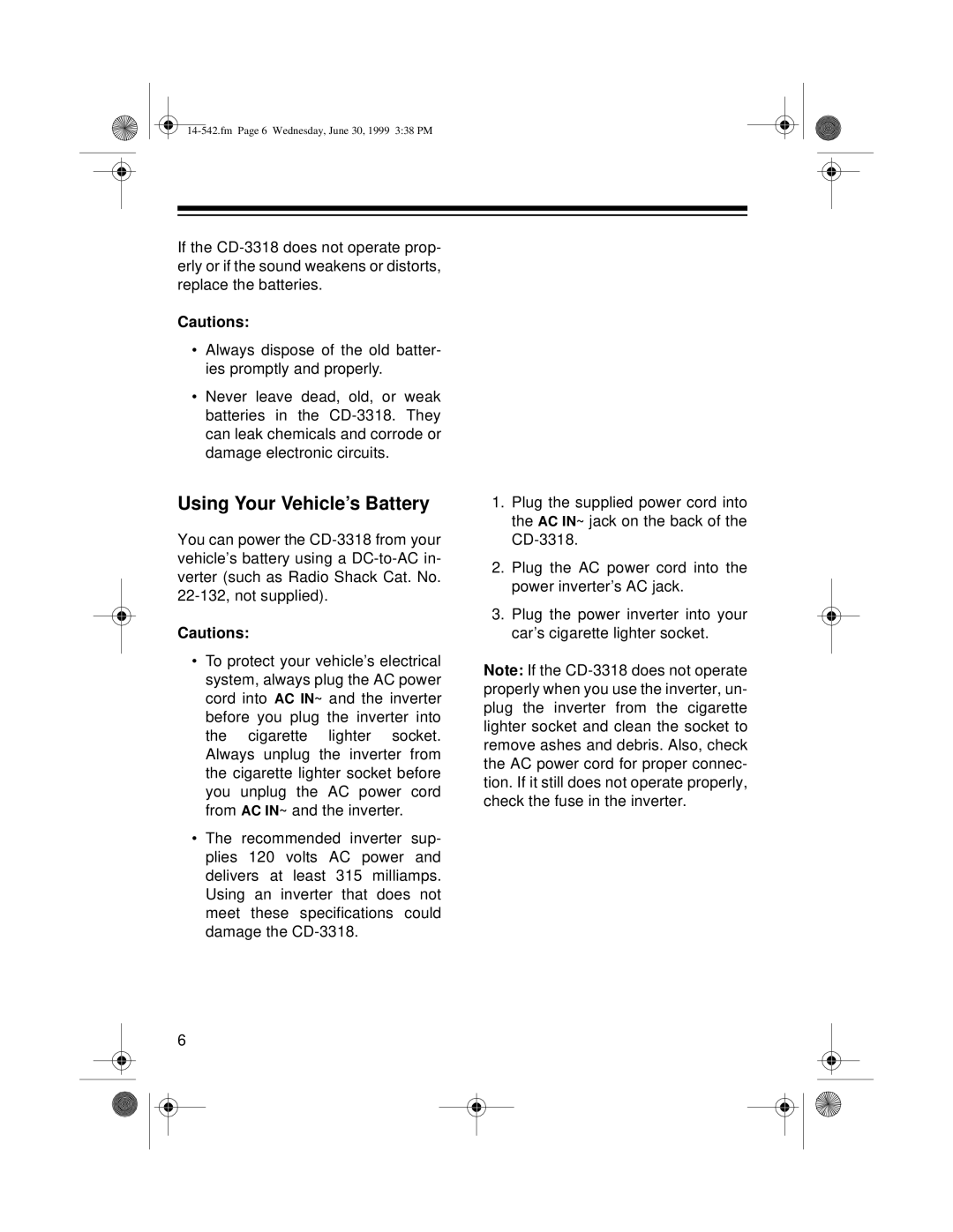 Radio Shack CD-3318 owner manual Using Your Vehicle’s Battery 