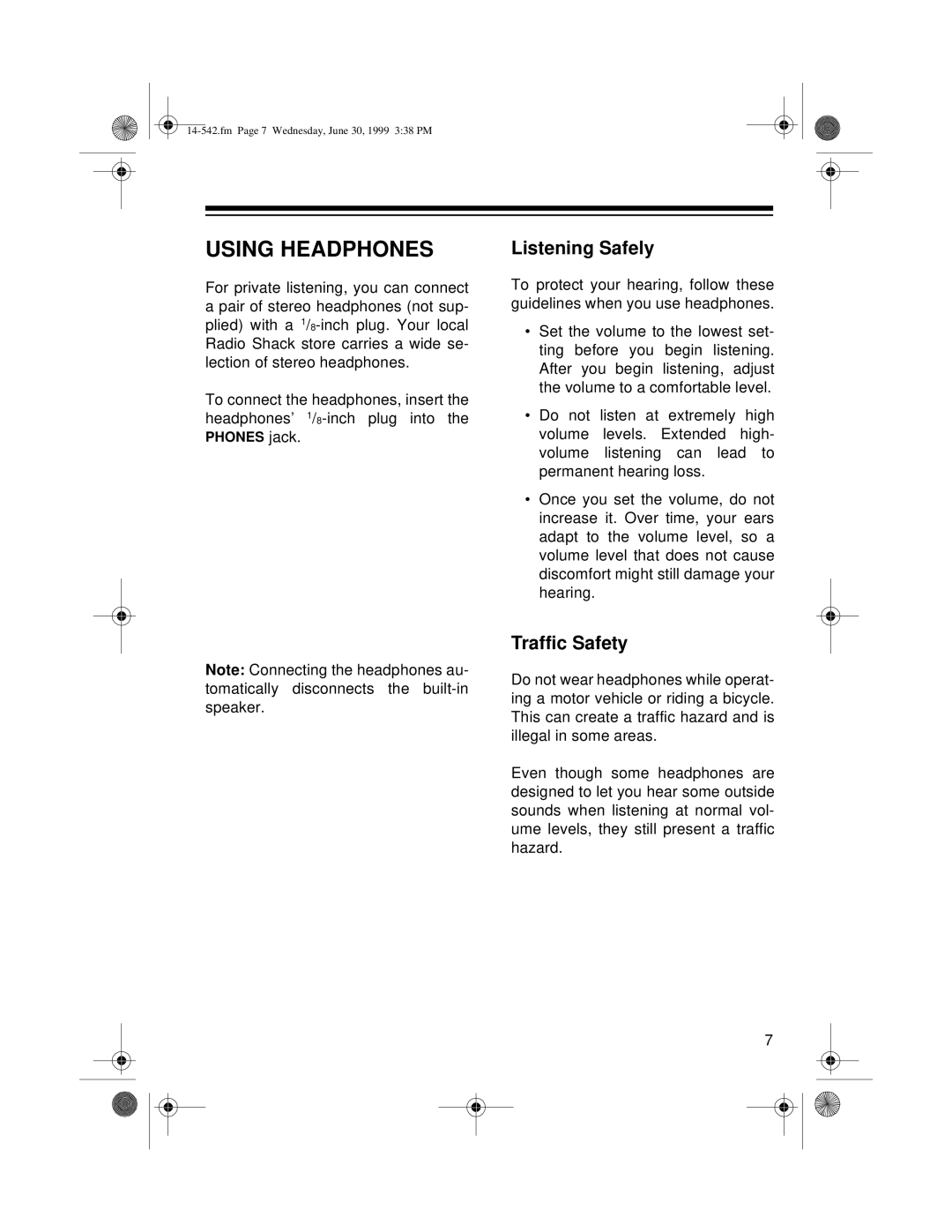 Radio Shack CD-3318 owner manual Using Headphones, Listening Safely, Traffic Safety 