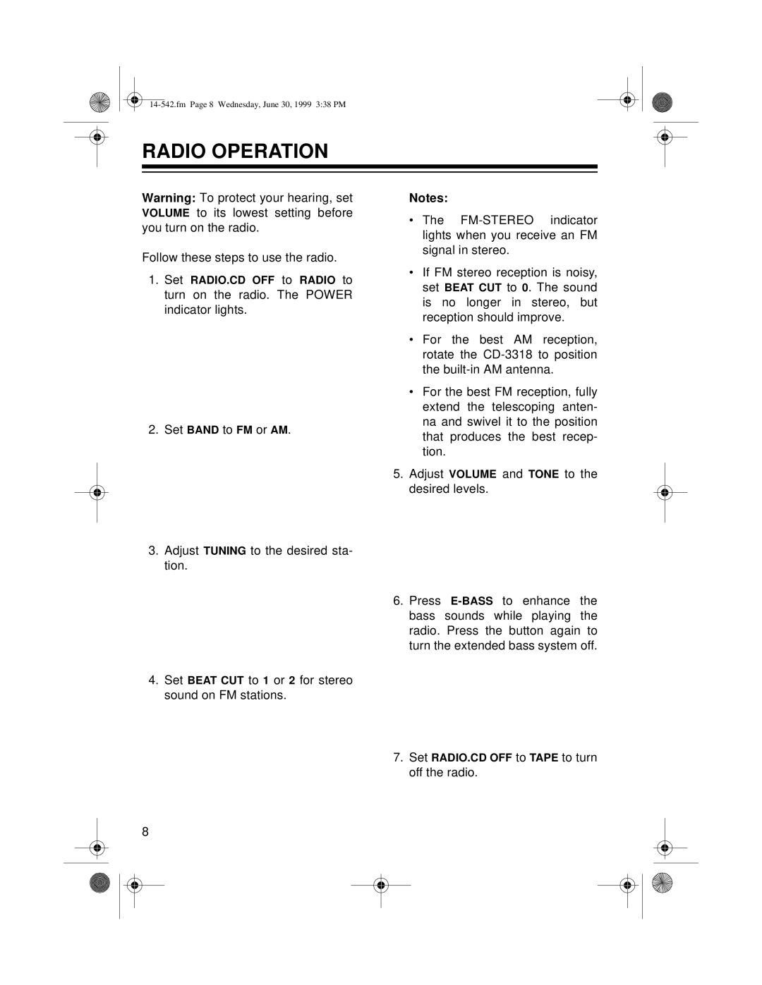 Radio Shack CD-3318 owner manual Radio Operation 