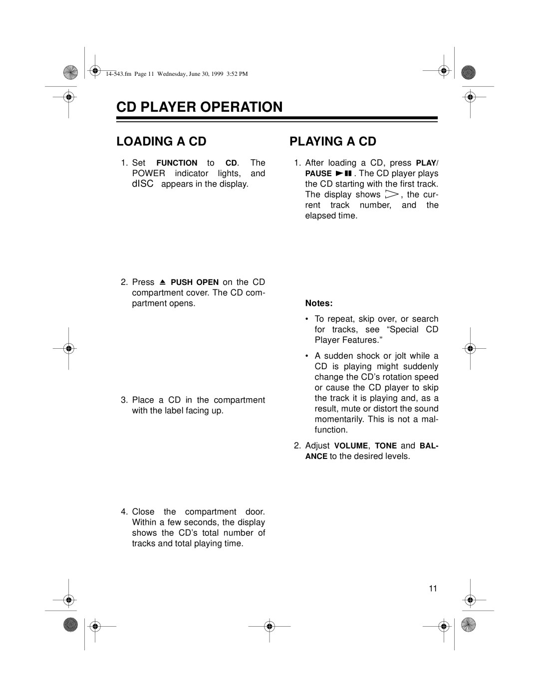 Radio Shack CD-3319 owner manual CD Player Operation, Loading a CD, Playing a CD 