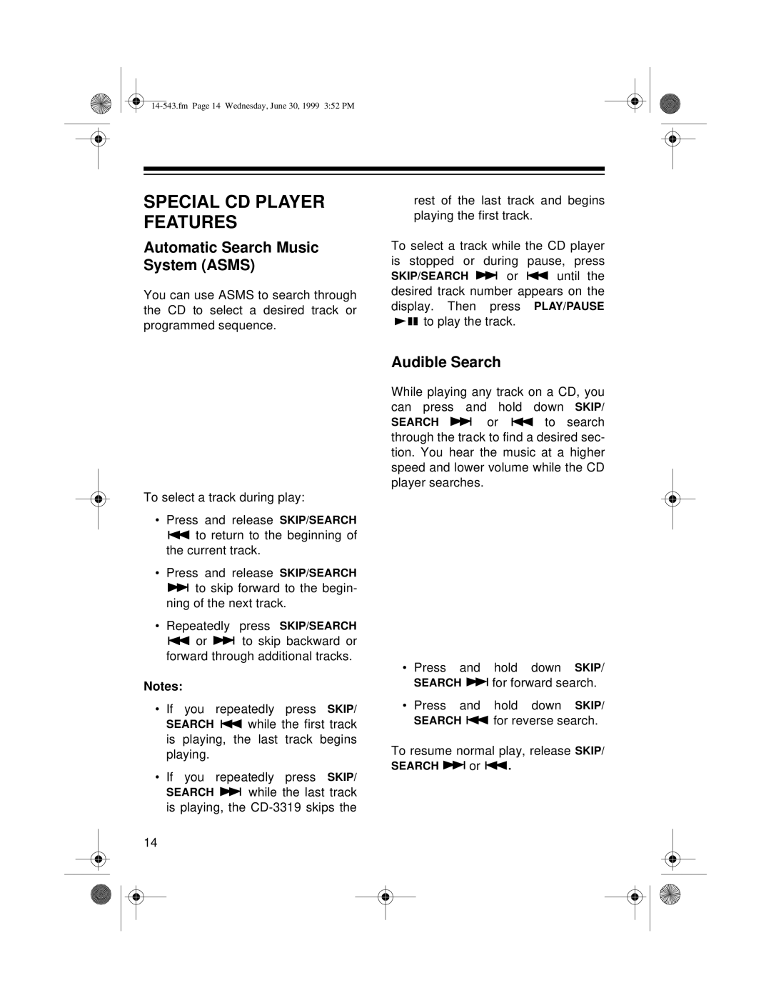 Radio Shack CD-3319 owner manual Special CD Player Features, Automatic Search Music System Asms, Audible Search 