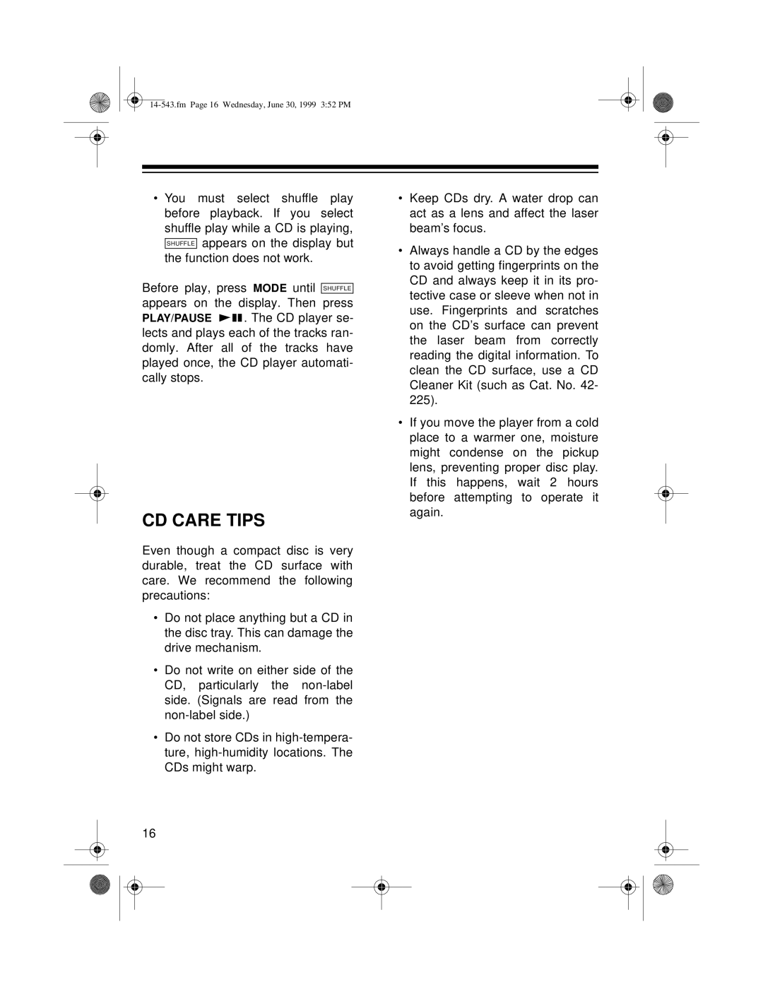 Radio Shack CD-3319 owner manual CD Care Tips 