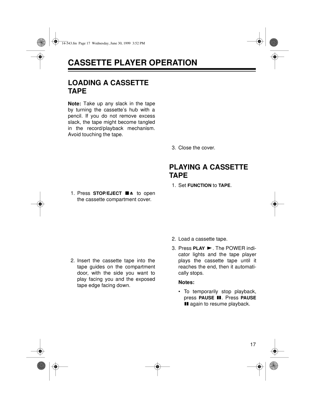 Radio Shack CD-3319 owner manual Cassette Player Operation, Loading a Cassette Tape, Playing a Cassette Tape 