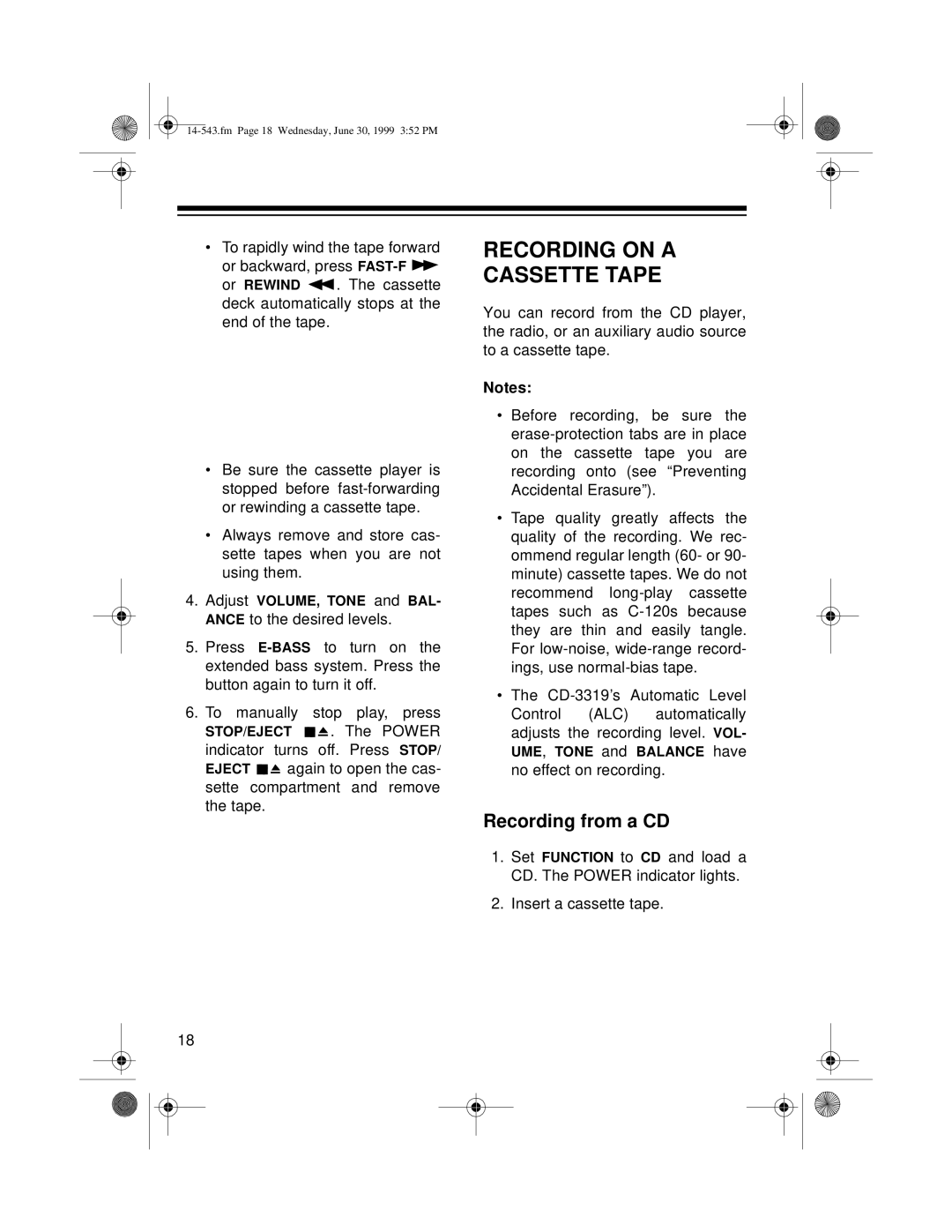 Radio Shack CD-3319 owner manual Recording on a Cassette Tape, Recording from a CD 