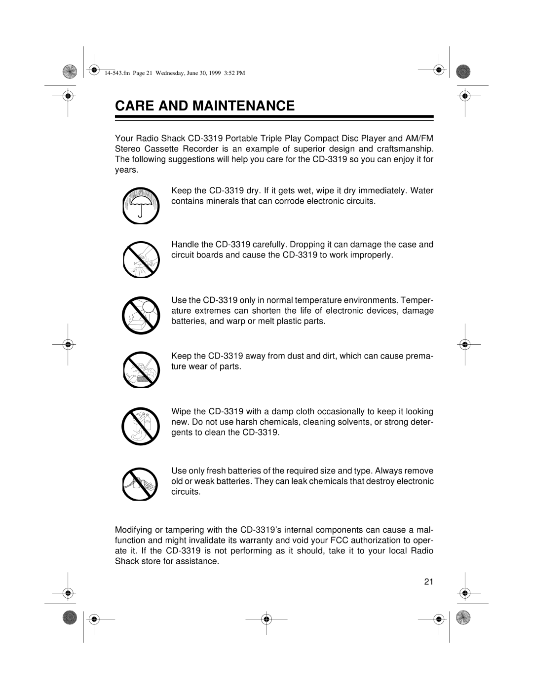 Radio Shack CD-3319 owner manual Care and Maintenance 