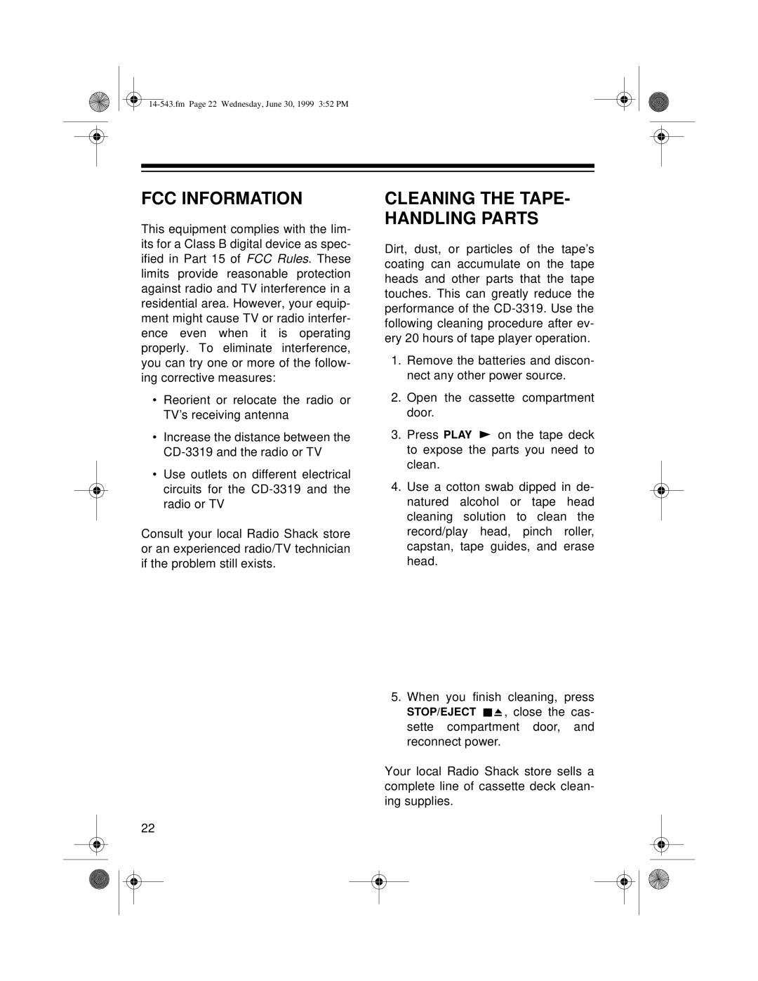 Radio Shack CD-3319 owner manual FCC Information, Cleaning the TAPE- Handling Parts 