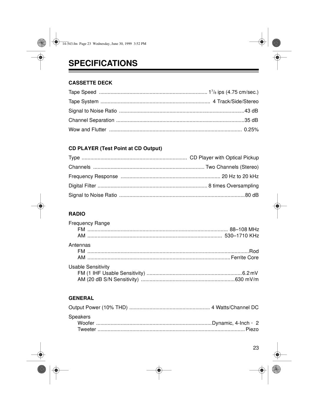 Radio Shack CD-3319 owner manual Specifications, Cassette Deck 