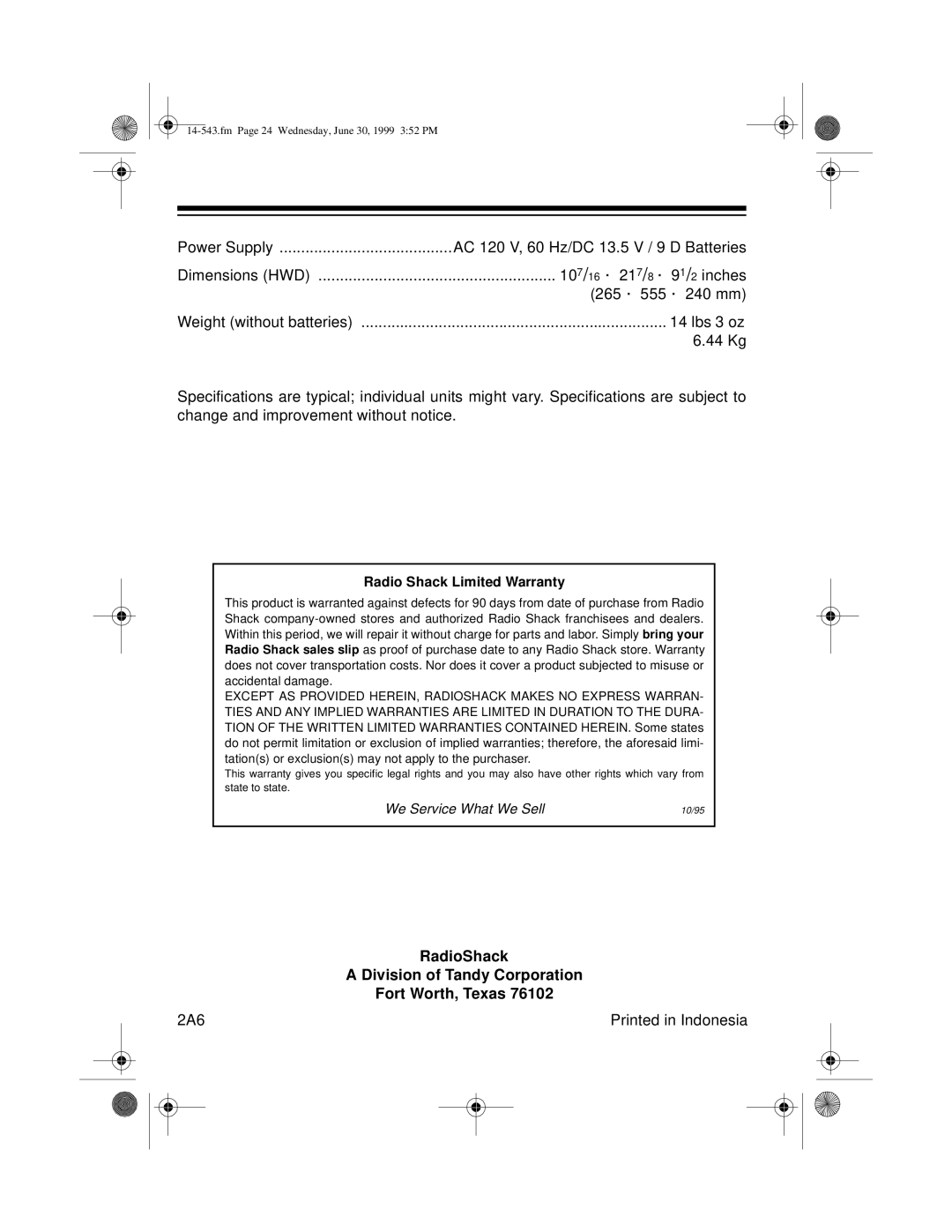 Radio Shack CD-3319 owner manual RadioShack Division of Tandy Corporation Fort Worth, Texas 