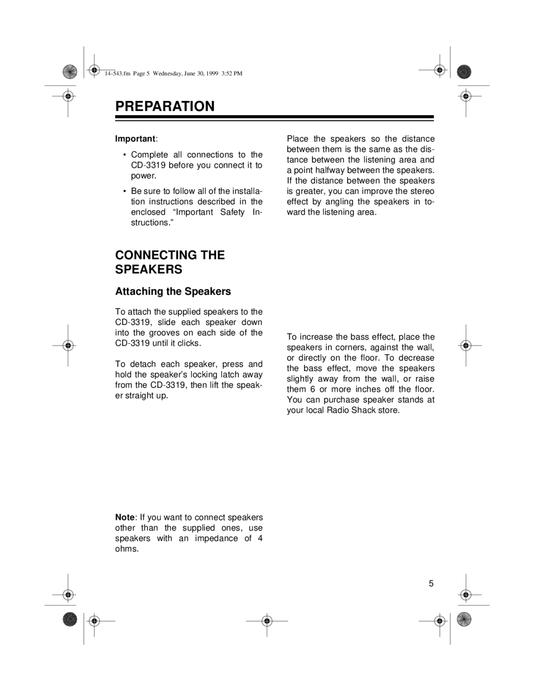 Radio Shack CD-3319 owner manual Preparation, Connecting Speakers, Attaching the Speakers 