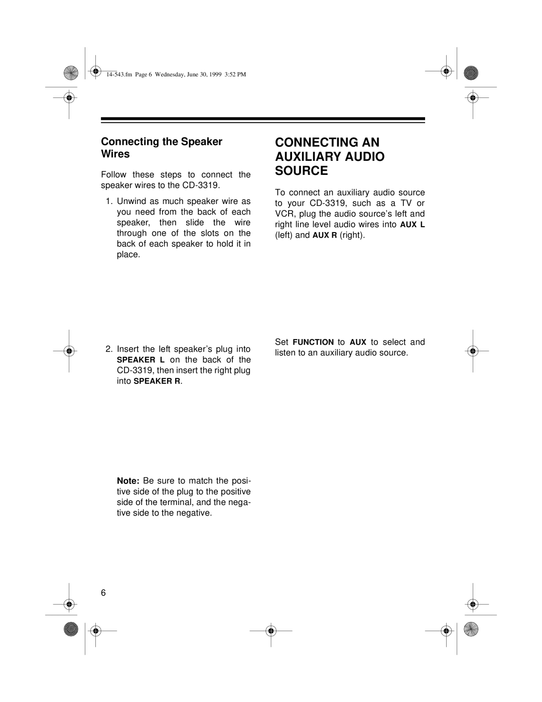 Radio Shack CD-3319 owner manual Connecting AN Auxiliary Audio Source, Connecting the Speaker Wires 