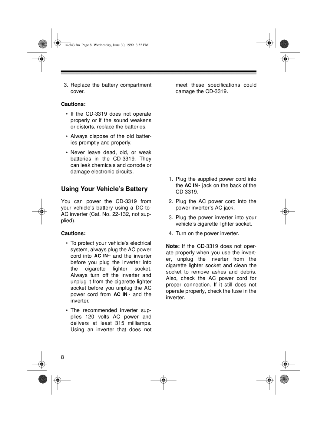 Radio Shack CD-3319 owner manual Using Your Vehicle’s Battery 