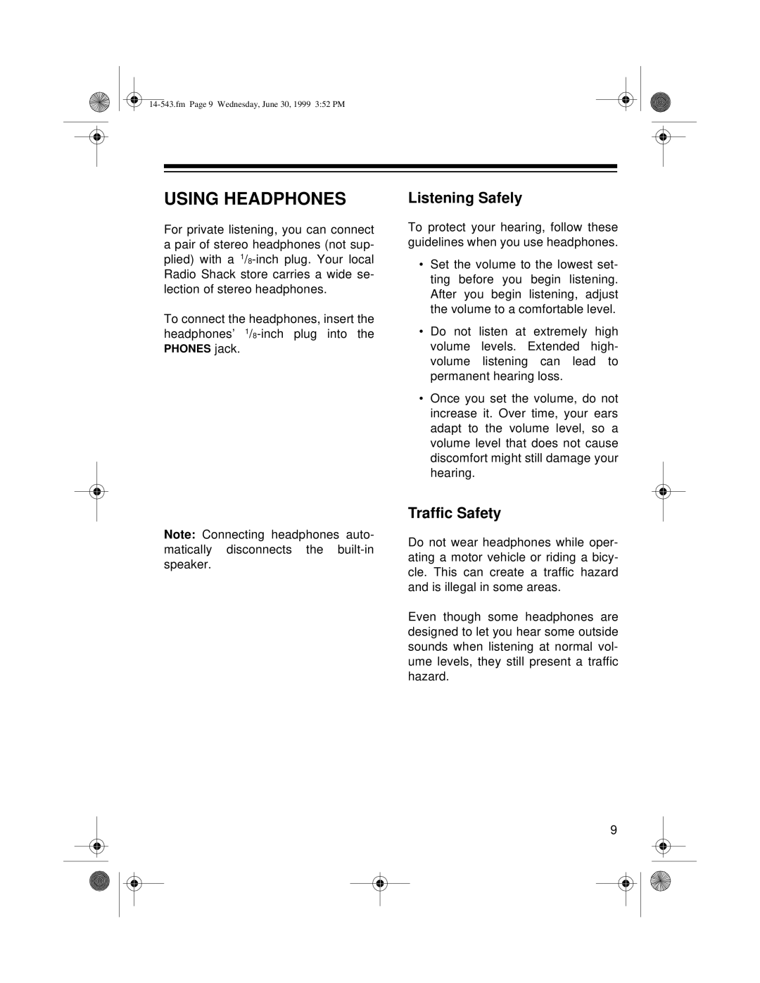 Radio Shack CD-3319 owner manual Using Headphones, Listening Safely, Traffic Safety 