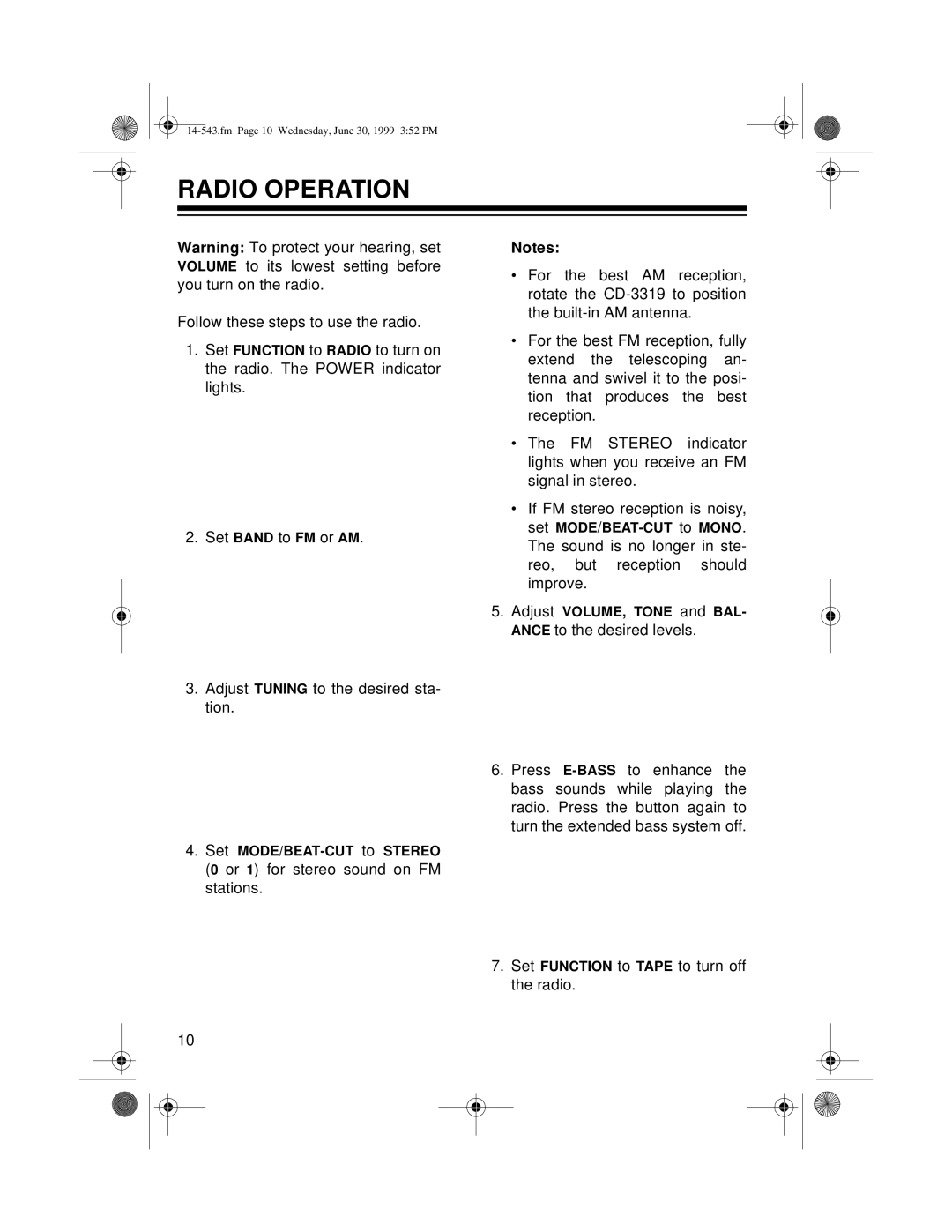 Radio Shack CD-3319 owner manual Radio Operation 