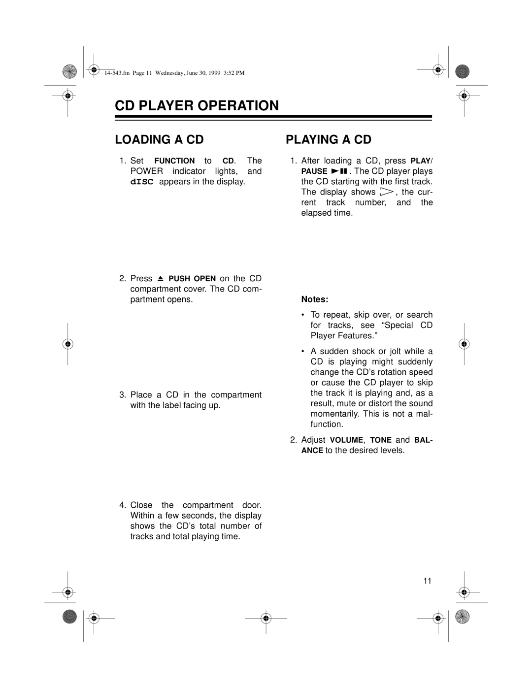 Radio Shack CD-3319 owner manual Cd Player Operation, Loading A Cd, Playing A Cd 