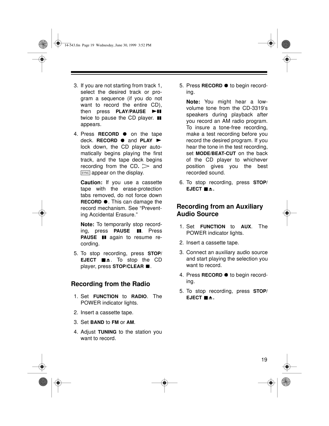 Radio Shack CD-3319 owner manual Recording from the Radio, Recording from an Auxiliary Audio Source 