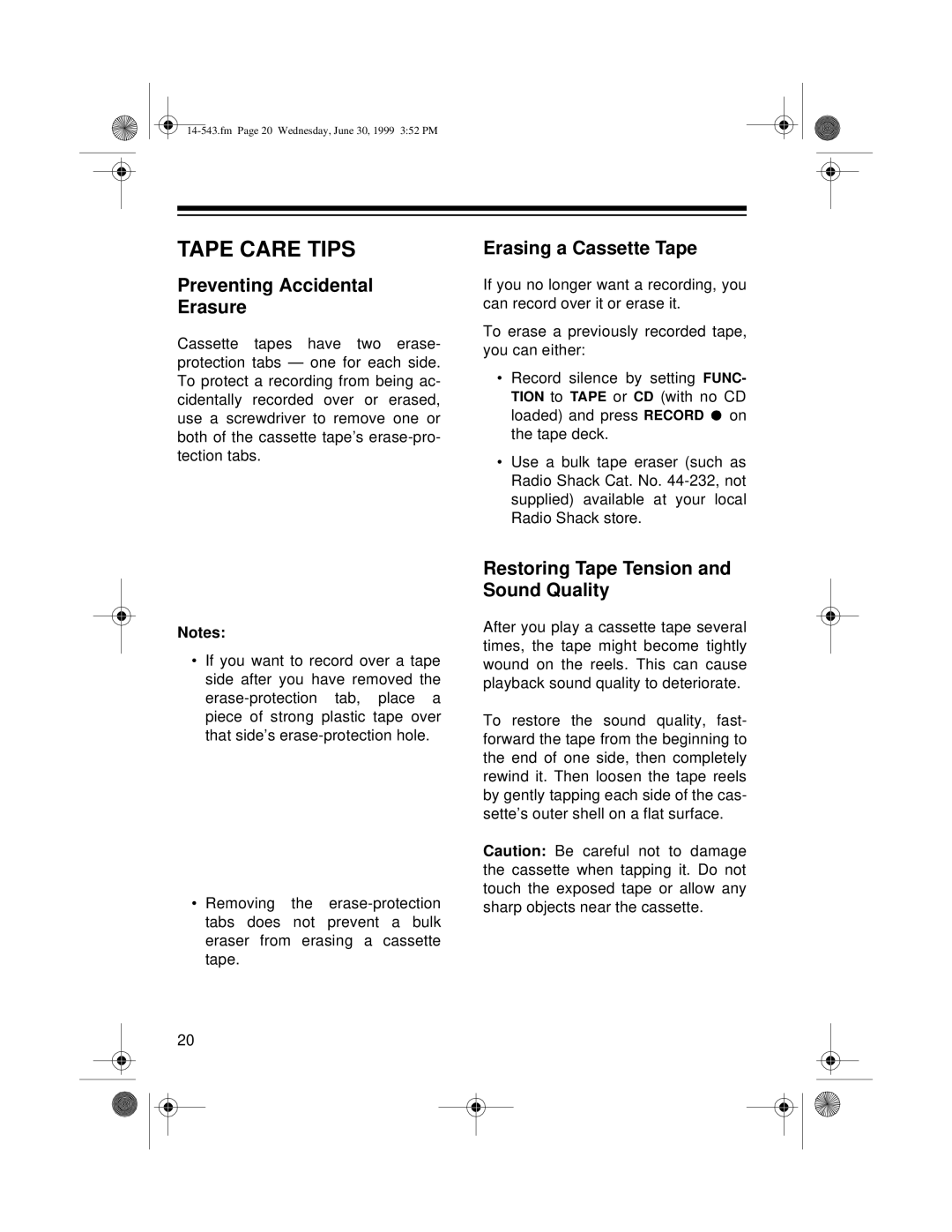 Radio Shack CD-3319 owner manual Tape Care Tips, Preventing Accidental Erasure, Erasing a Cassette Tape 