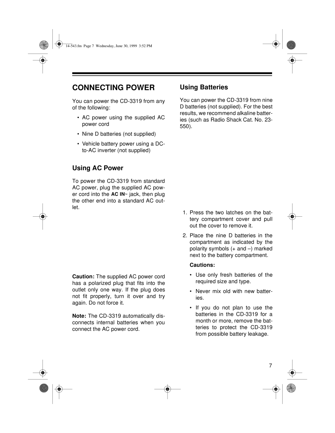 Radio Shack CD-3319 owner manual Connecting Power, Using AC Power, Using Batteries 