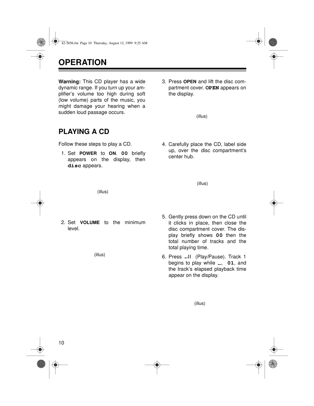 Radio Shack CD-3445 owner manual Operation, Playing a CD 