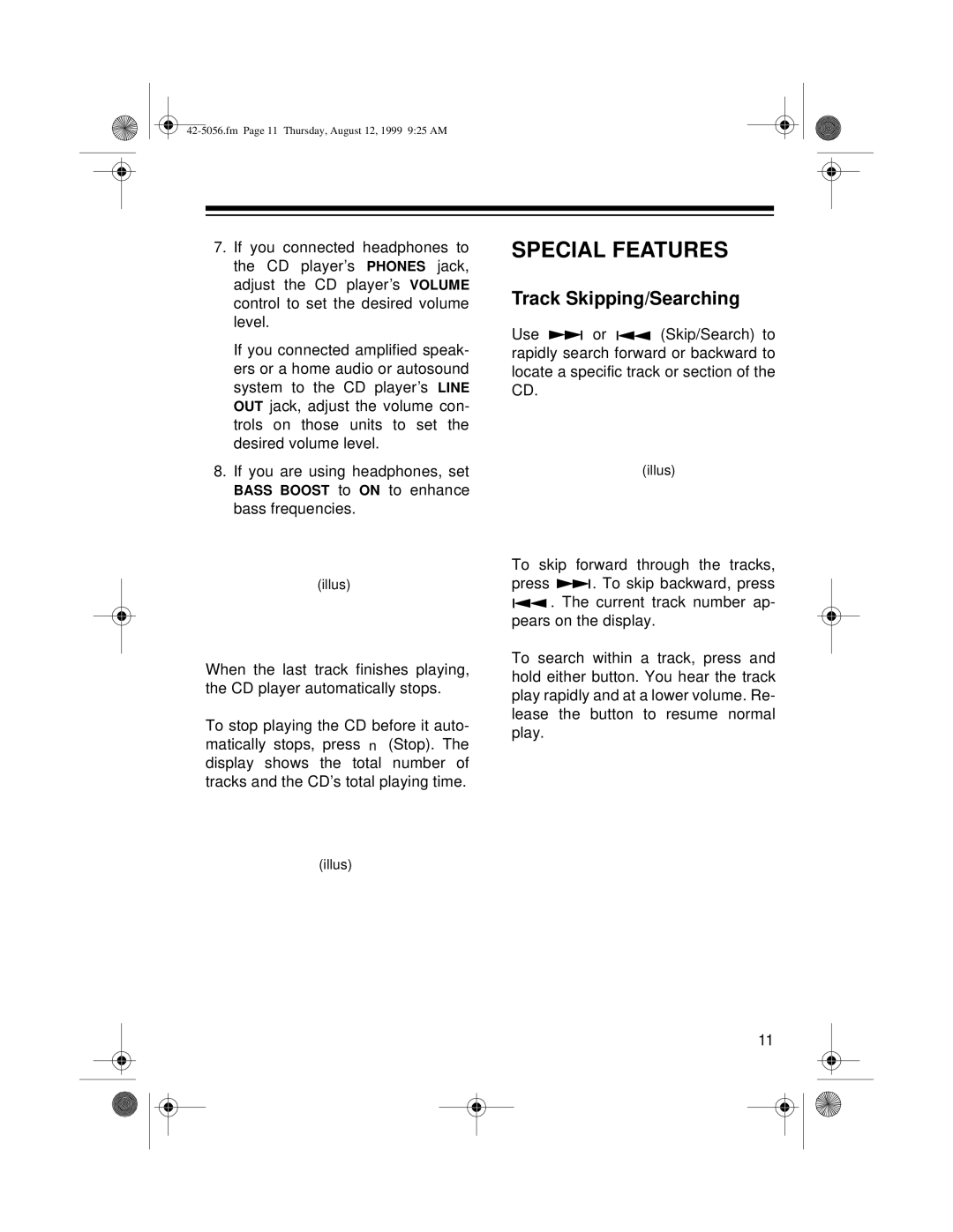 Radio Shack CD-3445 owner manual Special Features, Track Skipping/Searching 