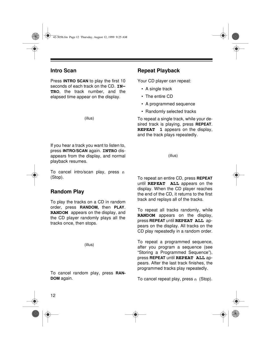 Radio Shack CD-3445 owner manual Intro Scan, Random Play, Repeat Playback 