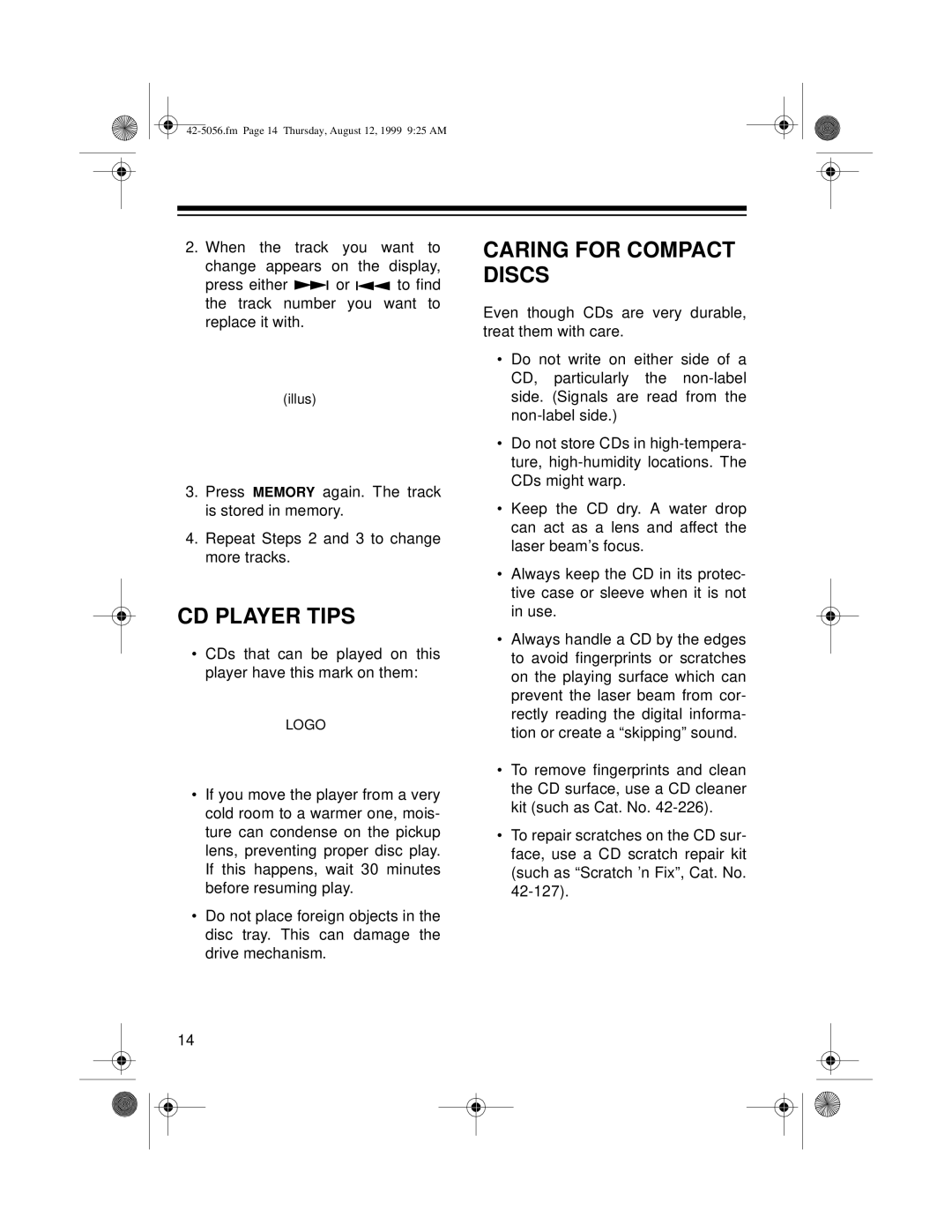 Radio Shack CD-3445 owner manual CD Player Tips, Caring for Compact Discs 