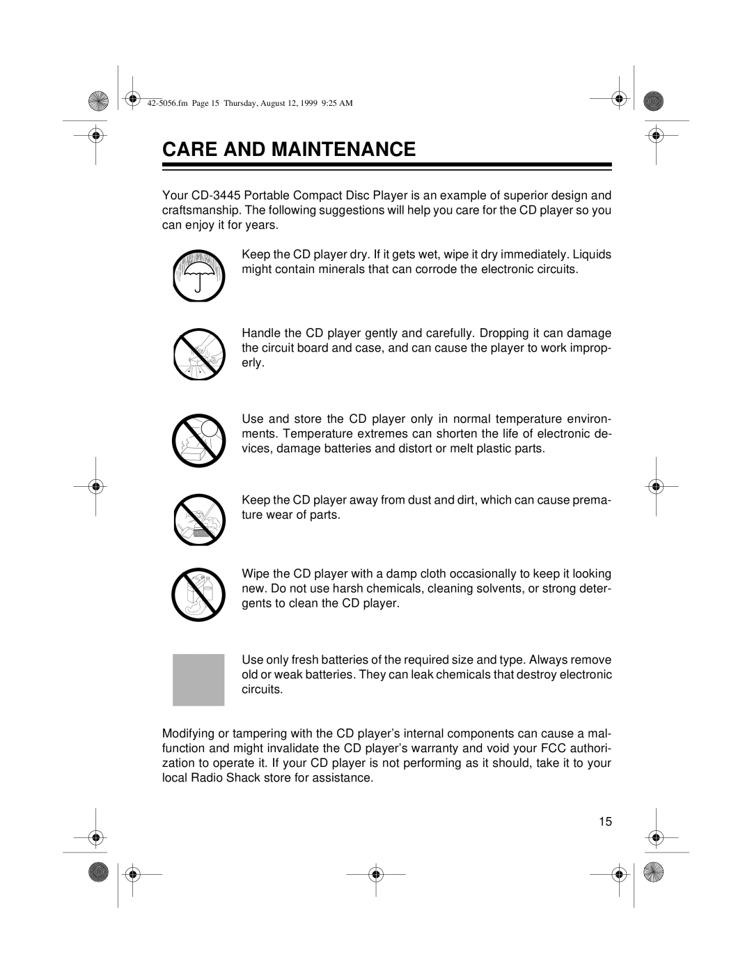 Radio Shack CD-3445 owner manual Care and Maintenance 