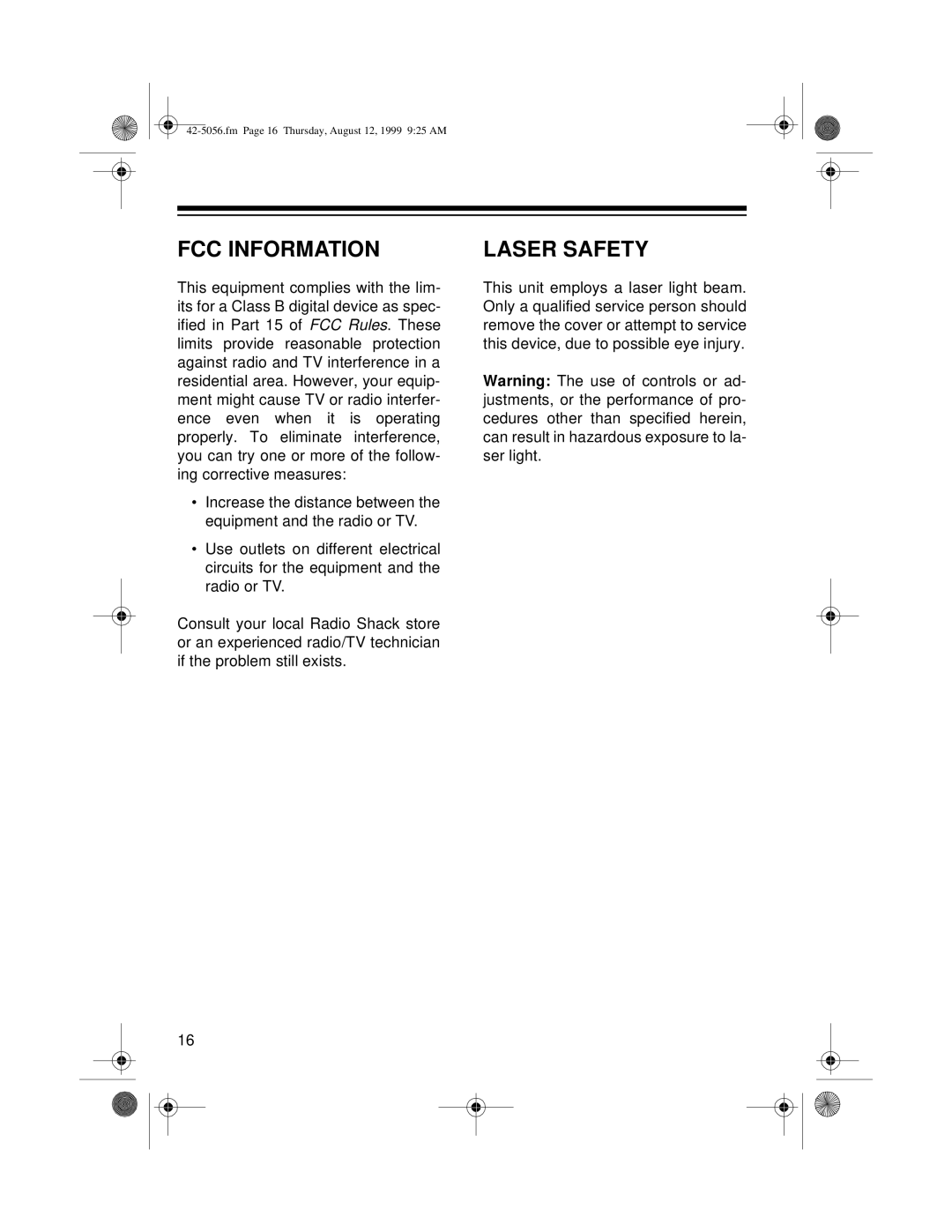 Radio Shack CD-3445 owner manual FCC Information, Laser Safety 