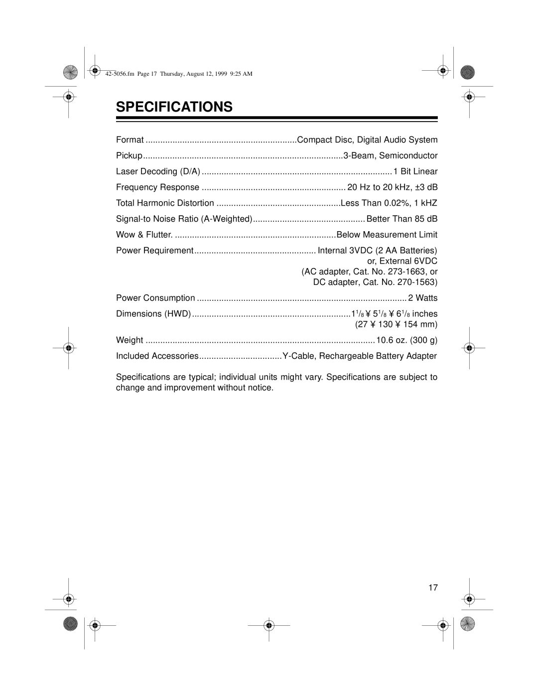 Radio Shack CD-3445 owner manual Specifications 