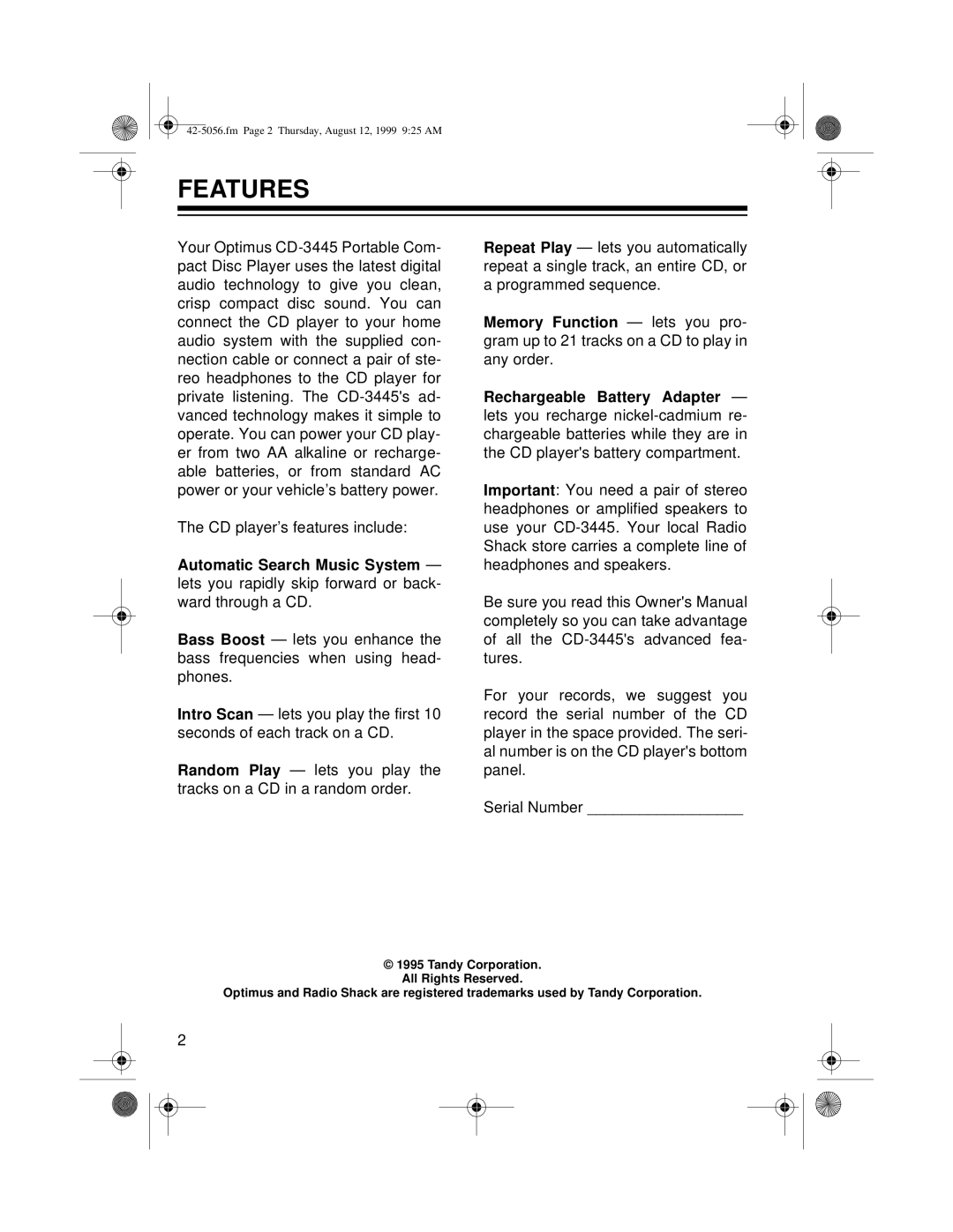 Radio Shack CD-3445 owner manual Features 