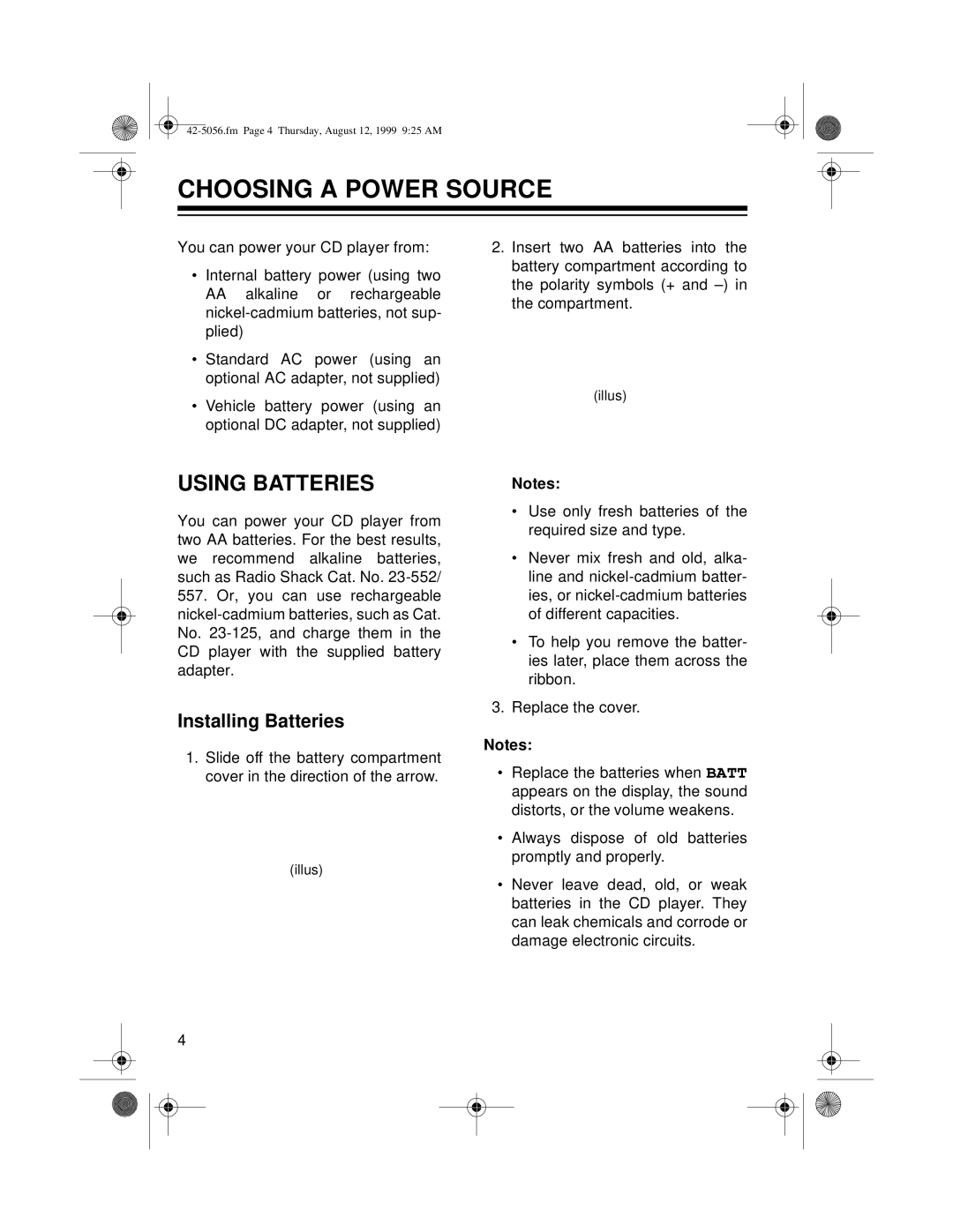 Radio Shack CD-3445 owner manual Choosing a Power Source, Using Batteries, Installing Batteries 