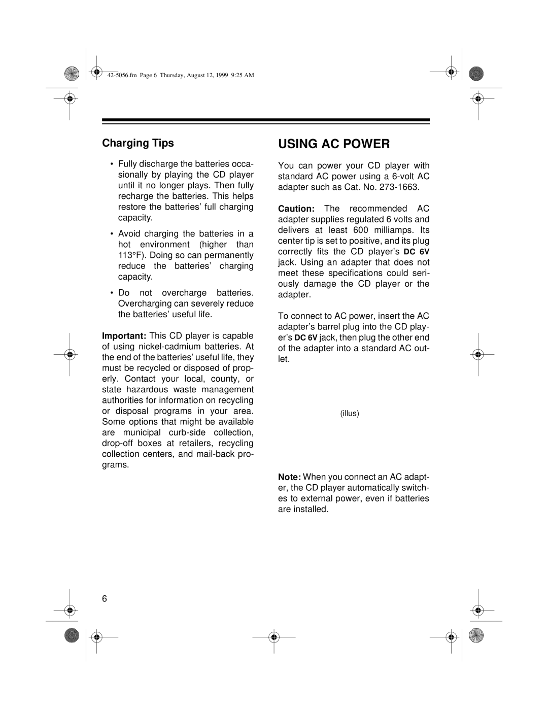 Radio Shack CD-3445 owner manual Using AC Power, Charging Tips 