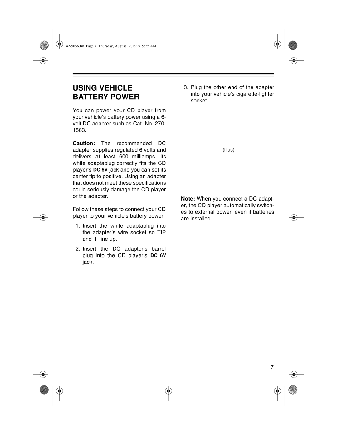 Radio Shack CD-3445 owner manual Using Vehicle Battery Power 