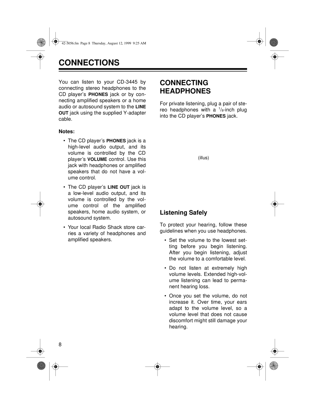 Radio Shack CD-3445 owner manual Connections, Connecting Headphones, Listening Safely 