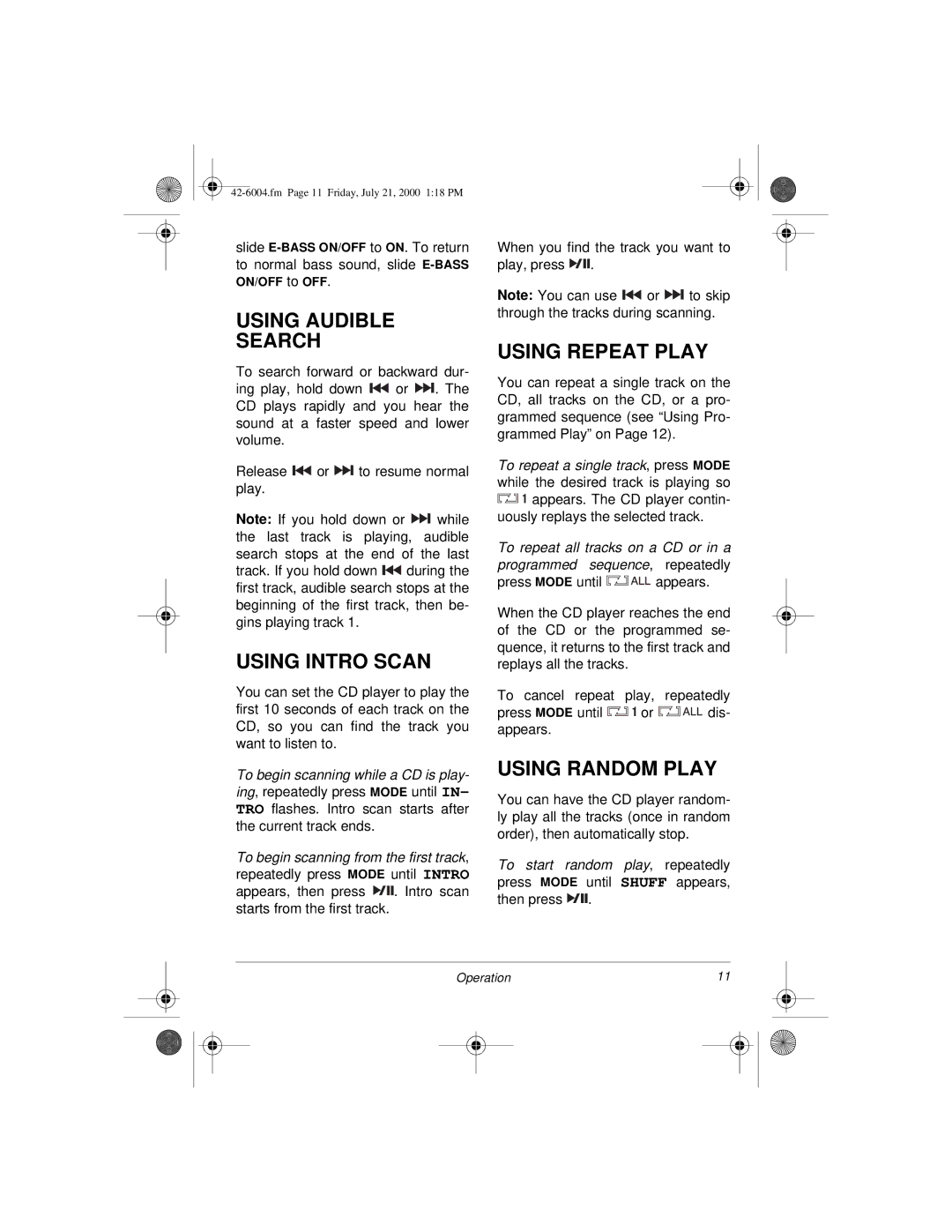 Radio Shack CD-3904 owner manual Using Audible Search, Using Intro Scan, Using Repeat Play, Using Random Play 