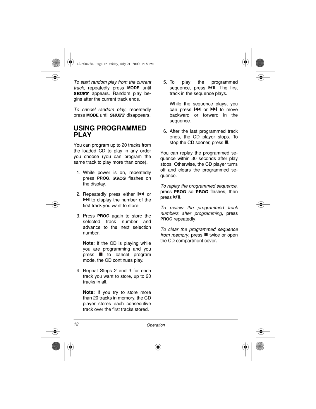 Radio Shack CD-3904 owner manual Using Programmed Play 