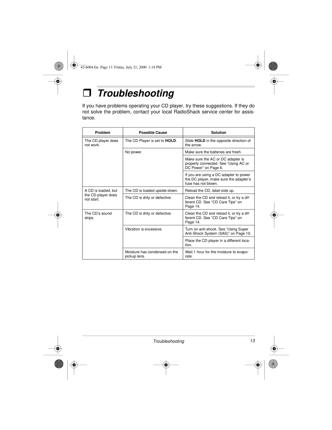 Radio Shack CD-3904 owner manual Troubleshooting, Problem Possible Cause Solution 