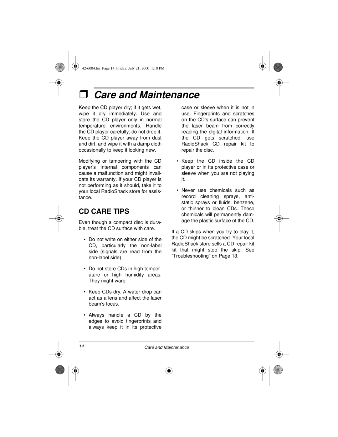 Radio Shack CD-3904 owner manual Care and Maintenance, CD Care Tips 