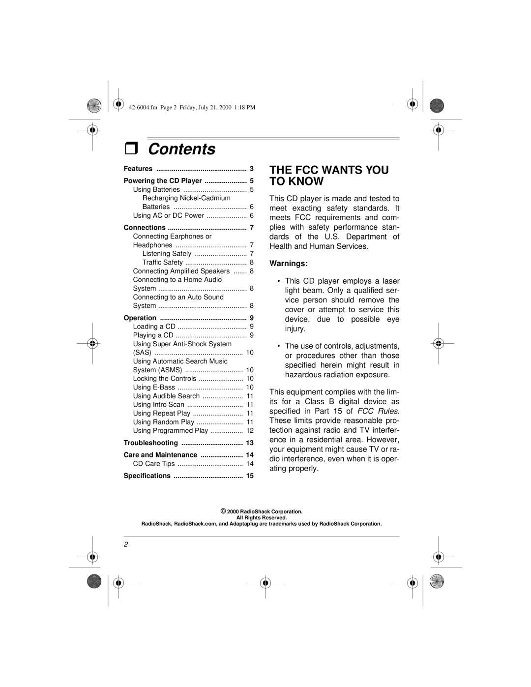 Radio Shack CD-3904 owner manual Contents 