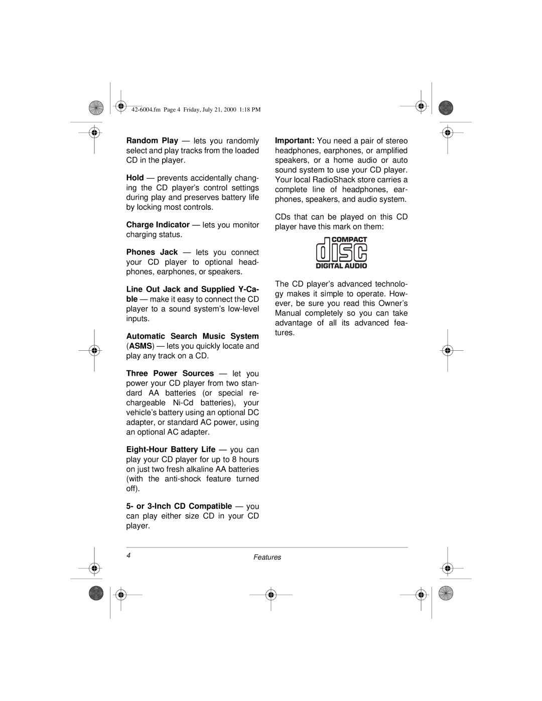 Radio Shack CD-3904 owner manual Line Out Jack and Supplied Y-Ca 