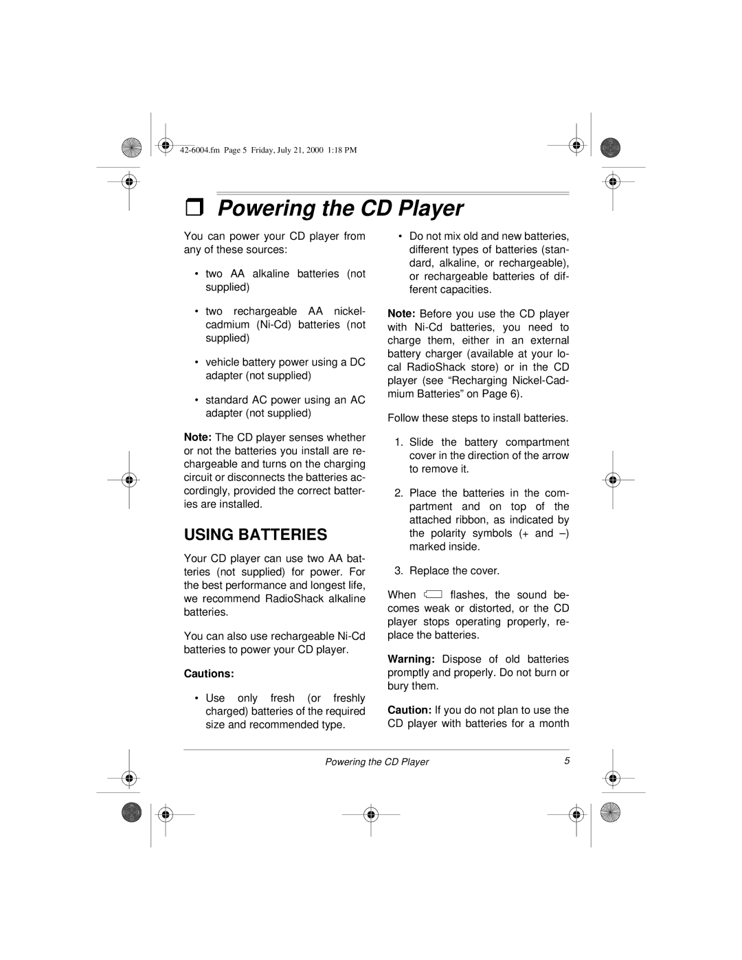 Radio Shack CD-3904 owner manual Powering the CD Player, Using Batteries 